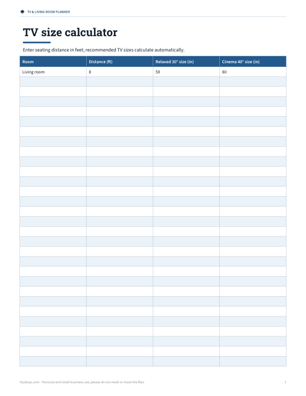 Preview of Printable TV Size Distance Calculator